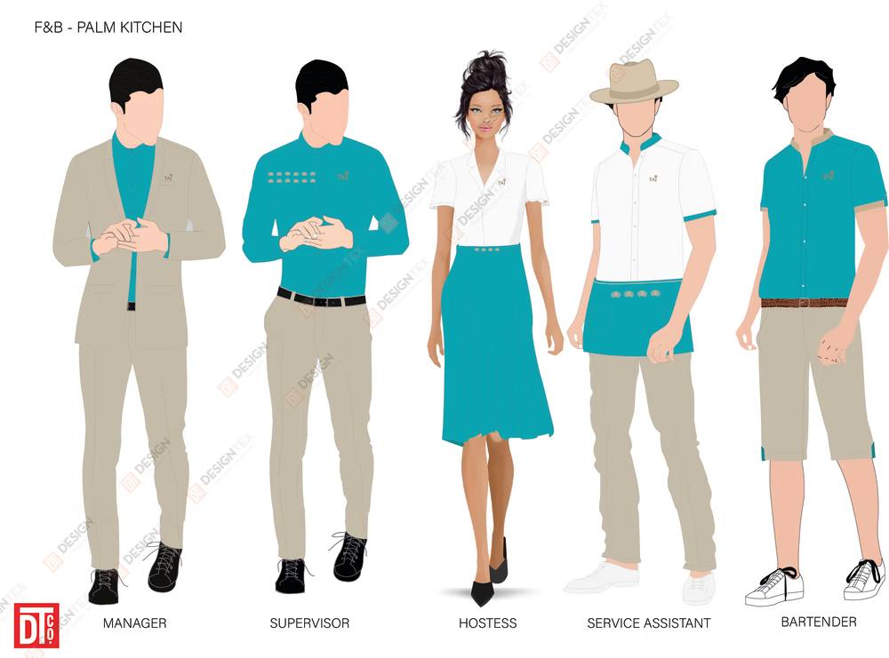 Designtex F&B Palm Kitchen uniforms for manager, supervisor, hostess, service assistant and bartender