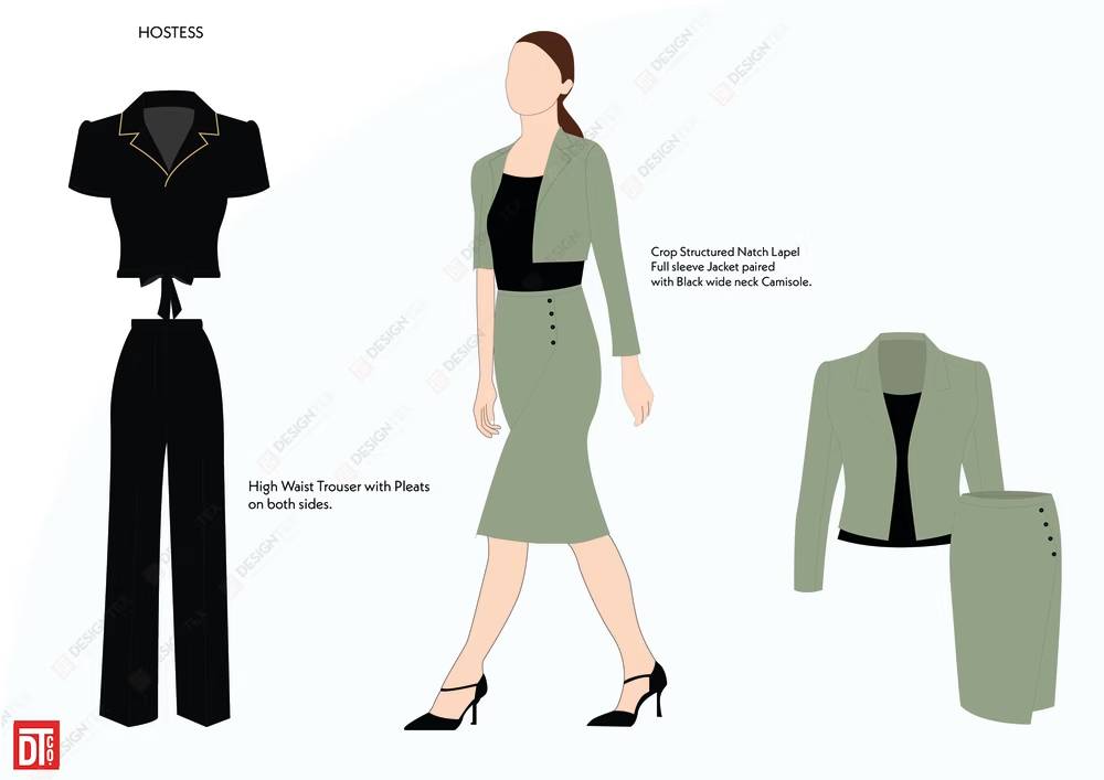 Designtex hostess uniform design with cropped jacket, camisole and high-waist skirt