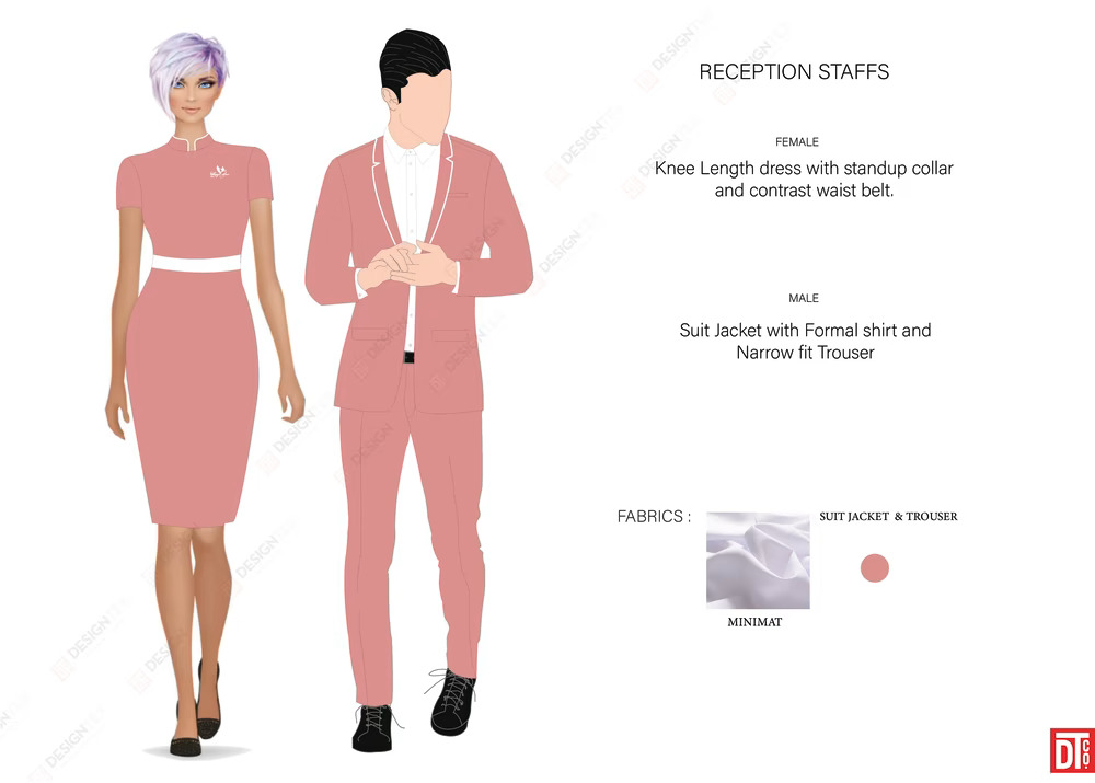 Designtex reception staff uniform designs featuring a pink dress for women and formal suit for men 