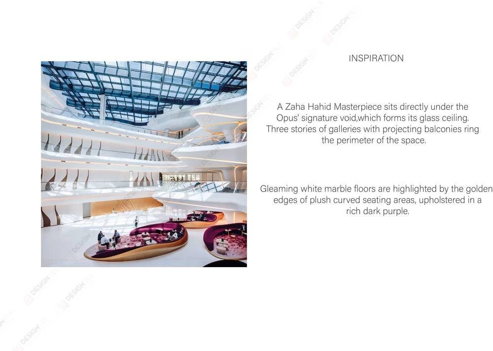 Designtex hospitality uniform inspiration featuring a modern luxury lobby with white marble and purple seating