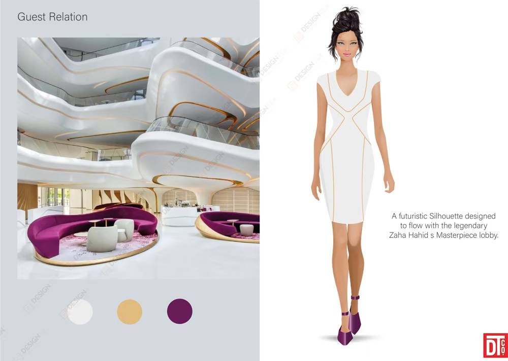 Designtex guest relations uniform design inspired by a futuristic luxury hotel lobby