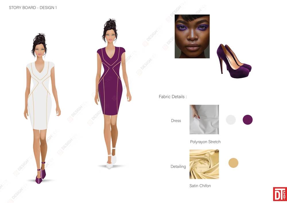 Designtex guest relations uniform storyboard with white and purple dress designs 