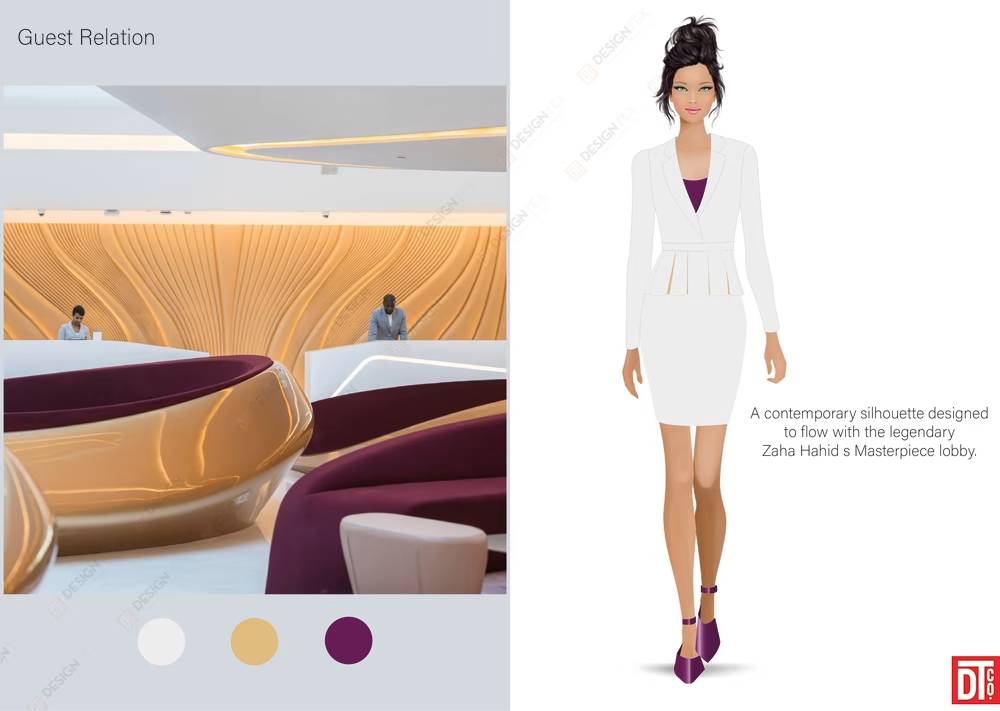 Designtex guest relation uniform design with white blazer and skirt inspired by a luxury hotel lobby 