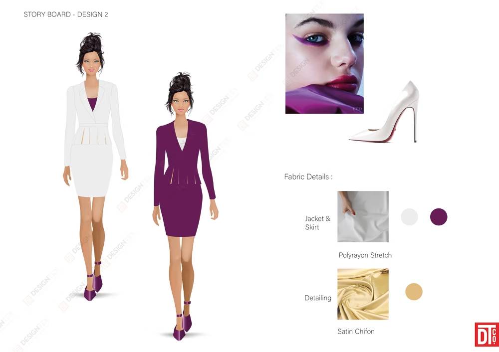 Designtex guest relations uniform storyboard with white and purple jacket and skirt designs